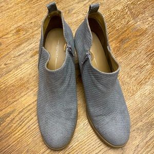 Report faux leather stacked heel booties in grey snake skin texture